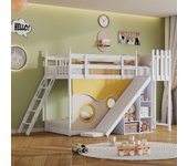 Litera, cama de madera con escalera y barreras, con cortina de cama, cama infantil con protección anticaídas y barras, color blanco 90x200cm