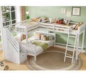 Litera triple de madera maciza - 2x90x200cm + 140x200cm - con escalera y escalera portaobjetos - blanco