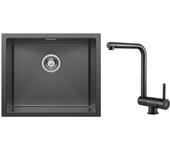 Fregadero de cocina fregadero de acero inoxidable de 1 seno 50*44 cm negro antracita + mezclador de cocina plegable negro
