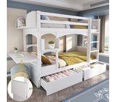 Literas 2 x 90 x 200 cm con escalera y 2 cajones - escritorio plegable y estante - madera maciza - blanco