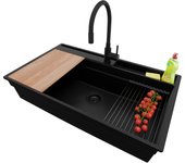 Primagran fregadero granito todo negro 88x53cm, fregadero cocina 1 seno + sifón + accesorios, fregadero sobre encimera al mueble 90cm - oslo pocket
