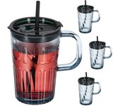 Relaxdays set de 4 vasos, jarras para beber con tapa y pajita, jarritas batidos 450 ml, vasitos con asa, gris