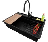 Primagran fregadero granito todo negro 78x53cm, fregadero cocina 1 seno + sifón + accesorios, fregadero sobre encimera al mueble 80cm - oslo pocket