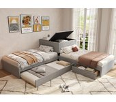 Cama acolchada 90x200 cm - 2 camas individuales - con cama plegable - con almacenamiento - con 1 cajón - lino - gris (sin colchón)