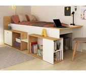 Cama combinada 90 x 200 cm con escritorio y almacenamiento - blanco y natural + somier + colchón - paloma