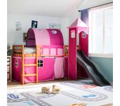 Cama altillo infantil con torre rosa 80x200cm madera maciza de pino