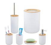 Relaxdays accesorios de baño 6 piezas, dispensador jabón, vaso, portaescobillas, bambú, plástico, blanco