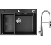 Cecipa max fregadero de cuarzo 70x45cm con escurridor y dispensador de jabón + grifo monomando con ducha extraíble, 3 modos de salida de agua