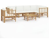 Set de muebles de jardín 7 piezas bambú y cojines blanco crema