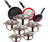 Bateria de cocina 12 piezas cassel acero inoxidable + 3 sartenes 16/20/24cm en aluminio prensado