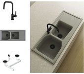Pack fregadero 2 cubetas con escurridor válvula oro poalgi city ash + grifo con ducha + válvula negro