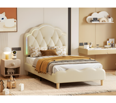 Cama infantil acolchada en símil piel con led en varios colores - somier de láminas de madera - 90x200cm - blanco