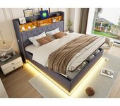 Cama con canapé de lino de 160 x 200 cm - con led y puertos usb - gris