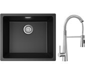 Cecipa max fregadero 1 seno de cuarzo y resina negro gris 50*44*20cm + mezclador de cocina con muelle y 3 salidas de agua, cepillado