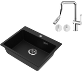 Auralum max 1 bandeja fregadero cocina de granito,55*45*20cm,kit de vaciado,negro+grifo cocina con ducha extraíble rotativa 360 °2 función,modelo ue