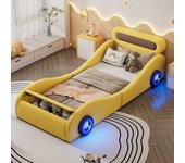 Cama tapizada de 90 x 200 cm con forma de coche - ruedas luminosas - piel sintética - somier - amarillo (sin colchón)