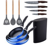 Set 3pc sarten (16+20+24cm) aluminio prensado, inducción, azul navy paradise con set 3pc utensilios de cocina silicona madera con set 4pc cuchillos a