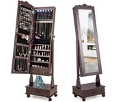 Costway armario para joyas con ruedas, organizador de joyerías con luces led y cerradura, gabinete de joyería con espejo de cuerpo entero y 3 posicion
