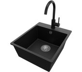 Primagran fregadero granito negro metallic 43x50cm, fregadero cocina 1 seno + grifo 32x20cm + sifón, fregadero sobre encimera al mueble 45cm - riga