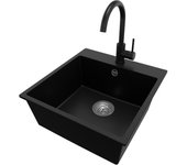 Primagran fregadero granito negro 48x50cm, fregadero cocina 1 seno + grifo 32x20cm + sifón, fregadero sobre encimera al mueble 50cm - riga