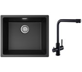 Fregadero de 1 lavabo de cuarzo y resina, 3 opciones de montaje, 50*44*20 cm + mezclador de fregadero de 3 vías, 2 palancas, negro