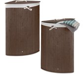 Set de 2 cestos ropa sucia esquineros, cubo colada plegable con tapa, canasta, bambú, 65 x 49,5 x 37 cm, marrón