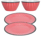 Ab06010+bt009 juego de vajilla de 4 piezas, plato, cuenco y ensaladera de imitación de porcelana con rejilla roja