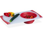 Relaxdays tabla de cortar con colador plegable, picar y escurrir, plástico, antideslizante, 50x29cm, blanco y rojo