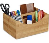 Relaxdays organizador de escritorio bambú, portalápices, 4 compartimentos, con asa, madera, 12x25x18 cm, marrón natural