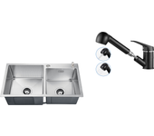 Fregadero cocina 2 contenedor 75x45x19cm, empotrado/para colocar con dispensador jabón+grifero cocina negro con ducha extragible 2 jets a 360°
