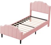 Cama capitonada 90 x 200 cm con cabecero y pie de cama, somier de lamas, en tela de terciopelo rosa