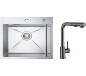 Fregadero de cocina de 1 seno, fregadero de acero inoxidable cepillado de 50×45×18,5 cm + mezclador de cocina con pulverizador extraíble