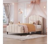 Cama tapizada 90x200 cm con cabecero - terciopelo - somier de láminas - beige (sin colchón)
