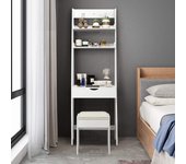 Tocador de maquillaje con espejo plegable, mesa tocadores maquillaje moderno blanco con 2 niveles estantes, dormitorio juego de mesa cosmética y