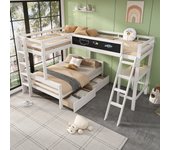 Literas 140 x 200 cm + 2 x 90 x 200 cm con escritorio y 2 cajones - madera maciza - blanco (sin colchón)