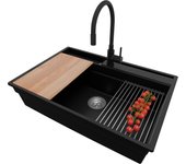Primagran fregadero granito negro 78x53cm, fregadero cocina 1 seno + sifón + accesorios, fregadero sobre encimera al mueble 80cm - oslo pocket