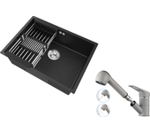 Auralum max fregadero cocina 1 bandeja 60*44*20cm,acero inoxidable 304,empotrado con cesta drenaje,negro+grifo cocina con ducha extraíble 2 jets,gris