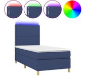 Cama con somier, colchón y luces led, tela azul, 90x190 cm