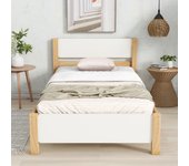 Cama con cabecero - 90 x 200 cm - mdf - somier de láminas - color natural y blanco