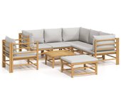 Set de muebles de jardín 8 piezas bambú y cojines gris claro