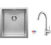 Fregadero de cocina de un seno cecipa max de 40 x 44 x 19 cm en acero inoxidable cepillado + grifo mezclador de cocina cepillado, grifo para fregadero