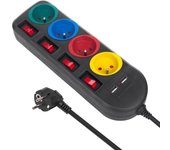 Regleta maclean, cable alargador de 4 enchufes + 2xusb, con interruptores, 250vac/10a, 2,1a 5v, 1,5m, negro, mce229 b