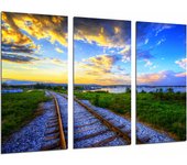 Paisaje atardecer naturaleza, vias de tren, impresión fotográfica sobre madera, cuadro moderno decorativo