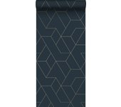 Papel pintado líneas gráficas azul oscuro y oro - 50 x 900 cm - origin wallcoverings