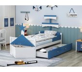 Cama infantil de madera 90x200 cm - con cajón y cómoda - en forma de velero - azul
