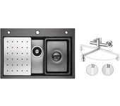 Fregadero de cocina 1 seno 70×45×21,5 cm + escurridor + lavabo + dispensador de jabón + mezclador de cocina de pared con 2 chorros cepillados