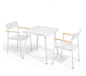 Mesa de jardín y 2 sillas de aluminio/madera blanco
