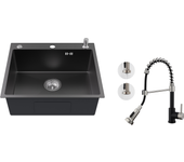 Fregadero cocina 1 cuba 54*49*20 cm,inoxidable,gris negro,con dispensador jabón+grifero cocina resorte con ducha extensible,2 modos,negro