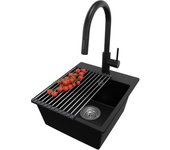 Primagran fregadero granito negro 38x44cm, fregadero cocina 1 seno + sifón + accesorios, fregadero sobre encimera al mueble 40cm - riga easy