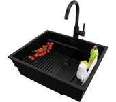 Primagran fregadero granito todo negro 56x47cm, fregadero cocina 1 seno + sifón + accesorios, fregadero sobre encimera al mueble 60cm - prague slim